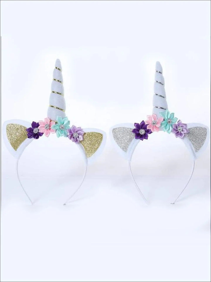 Girls Gold & Silver Glitter Flower Unicorn Headband - Hair Accessories