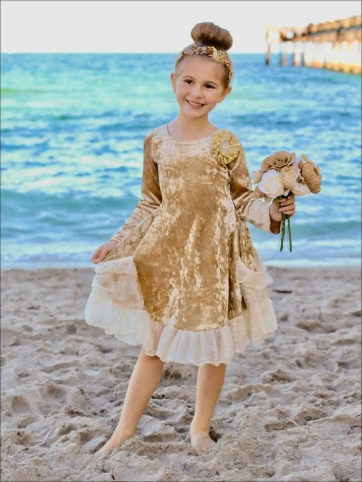 Gold Velvet Ruffled Pockets Princess Dress | Mia Belle Girls