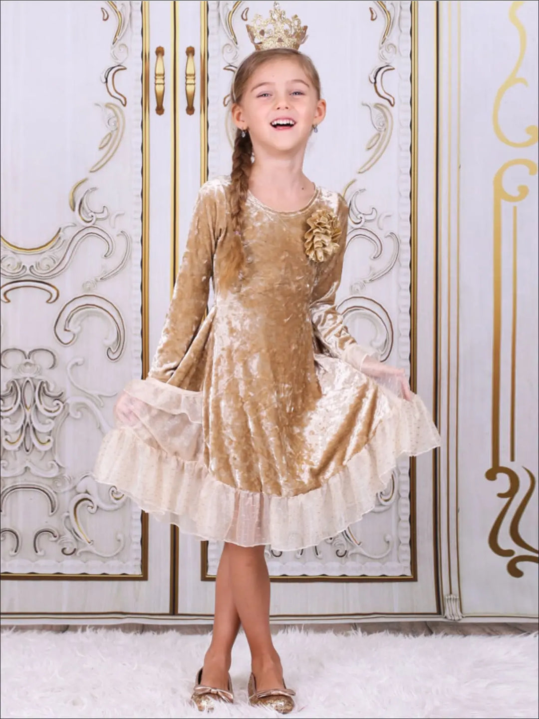 Gold Velvet Ruffled Pockets Princess Dress | Mia Belle Girls