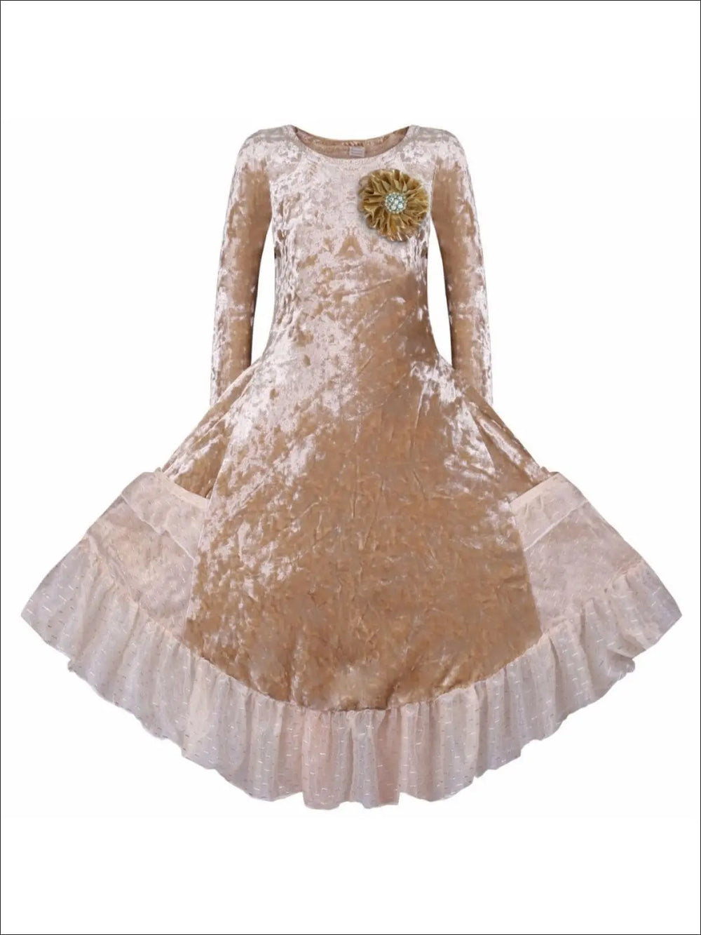 Gold Velvet Ruffled Pockets Princess Dress | Mia Belle Girls