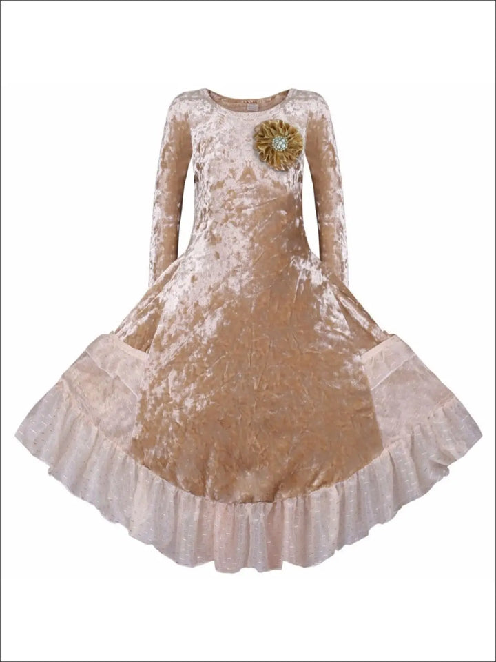 Gold Velvet Ruffled Pockets Princess Dress | Mia Belle Girls