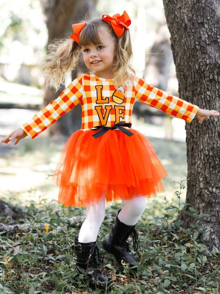 Girls Halloween Dress | Plaid Candy Corn Tutu Dress - Mia Belle Girls
