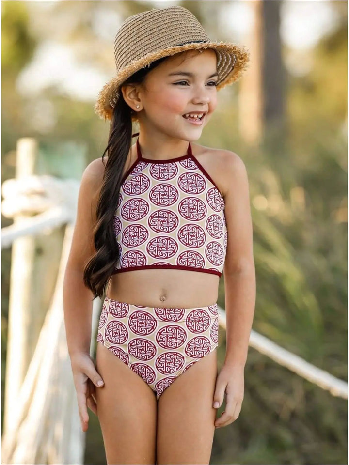 Little Girls Swimwear | Halter Medallion High Waist Two Piece Swimsuit