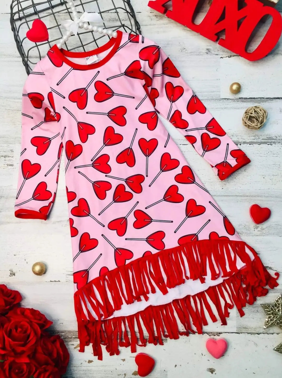 Valentine's Day Dress | Girls Heart Lollipop Hi-Lo Tassel Hem Dress