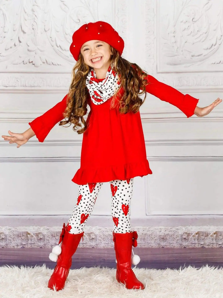 Girls Valentine's Clothes | Tunic, Heart Print Scarf & Legging Set