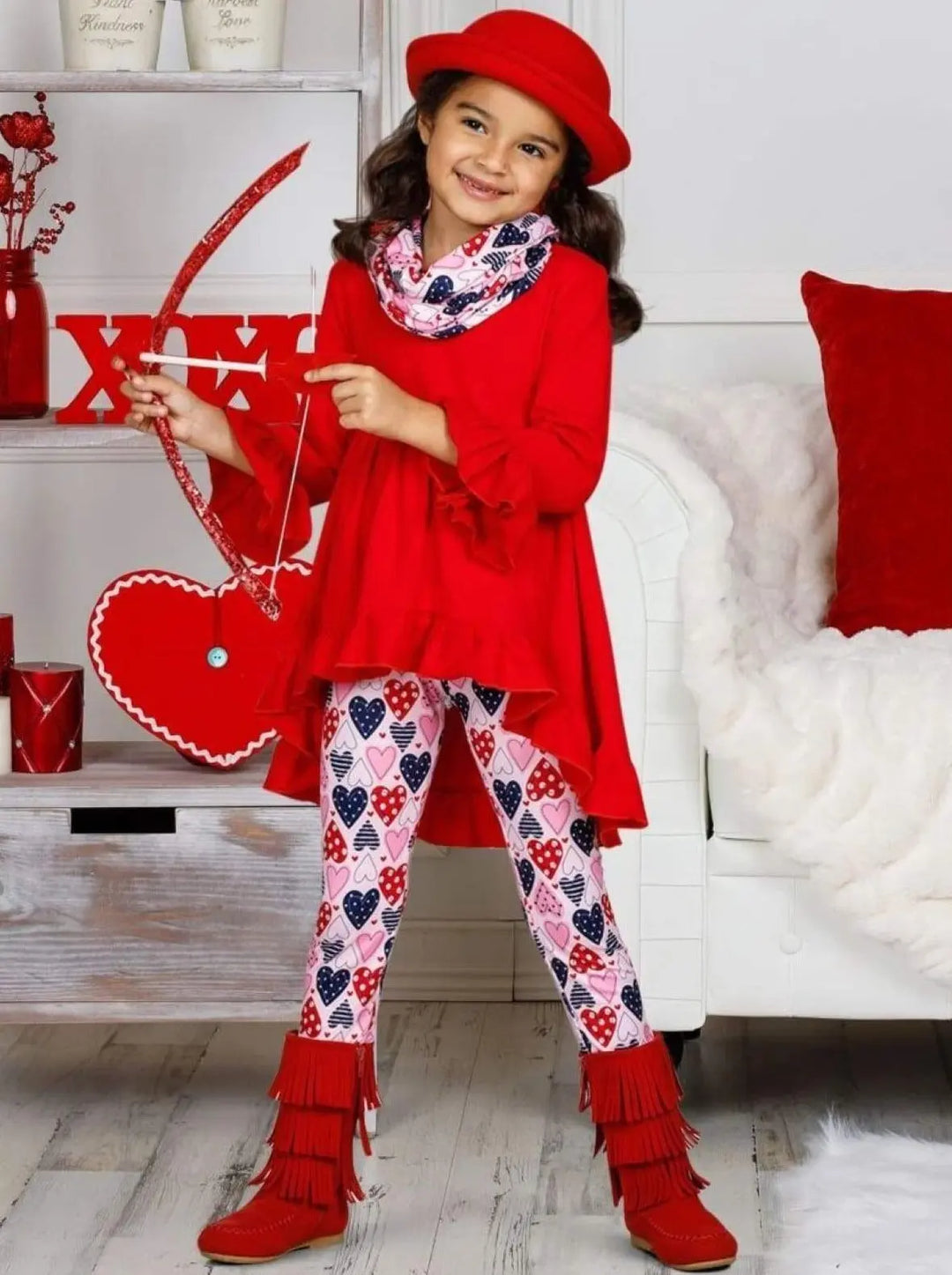 Girls Valentine's Clothes | Tunic, Heart Print Scarf & Legging Set