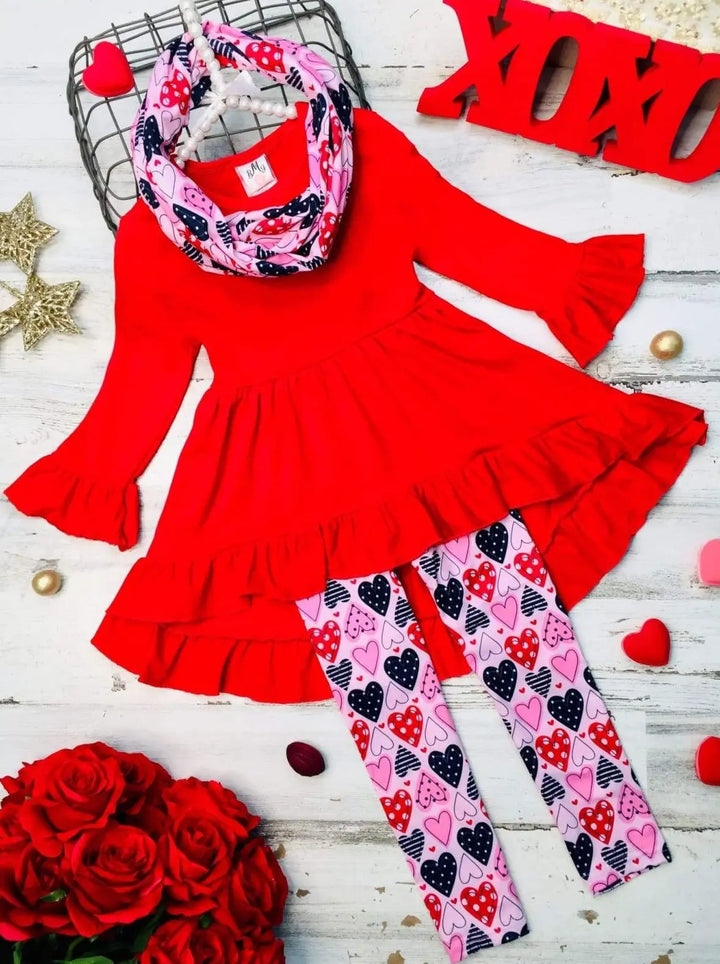 Girls Valentine's Clothes | Tunic, Heart Print Scarf & Legging Set