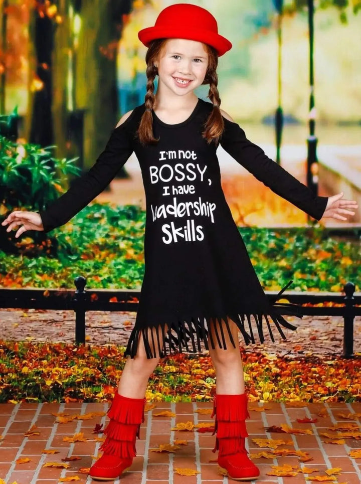Girls Im Not Bossy I Have Leadership Skills Cold Shoulder Fringe Graphic Statement Dress - Girls Fall Casual Dress