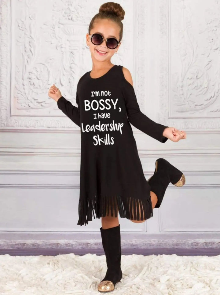Girls Im Not Bossy I Have Leadership Skills Cold Shoulder Fringe Graphic Statement Dress - Girls Fall Casual Dress