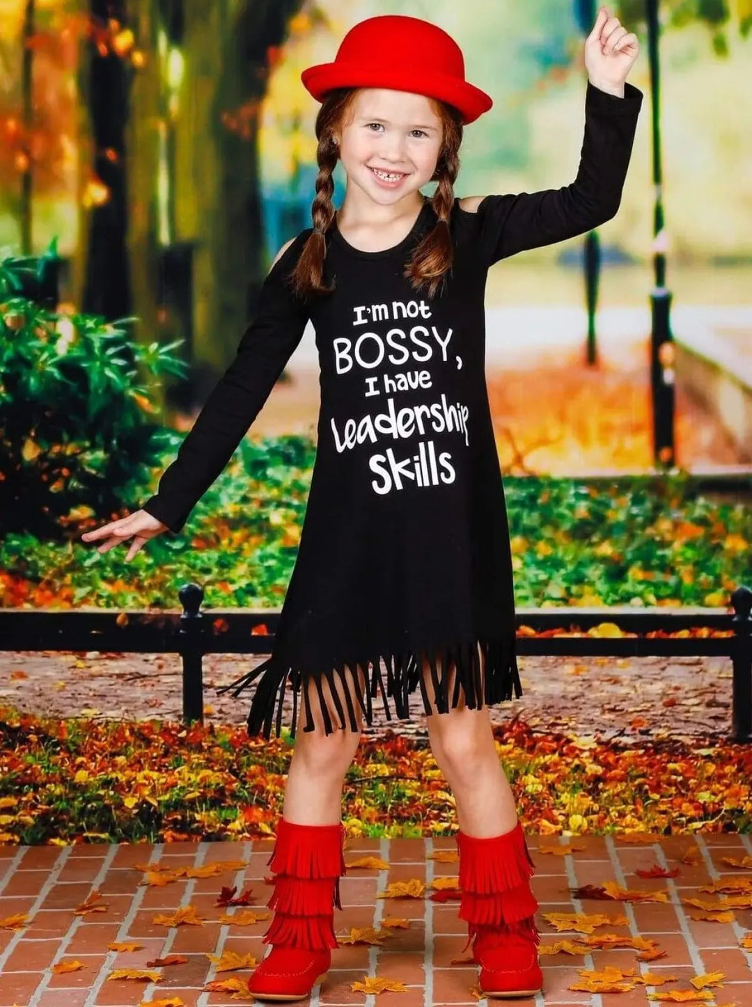 Girls Im Not Bossy I Have Leadership Skills Cold Shoulder Fringe Graphic Statement Dress - Girls Fall Casual Dress