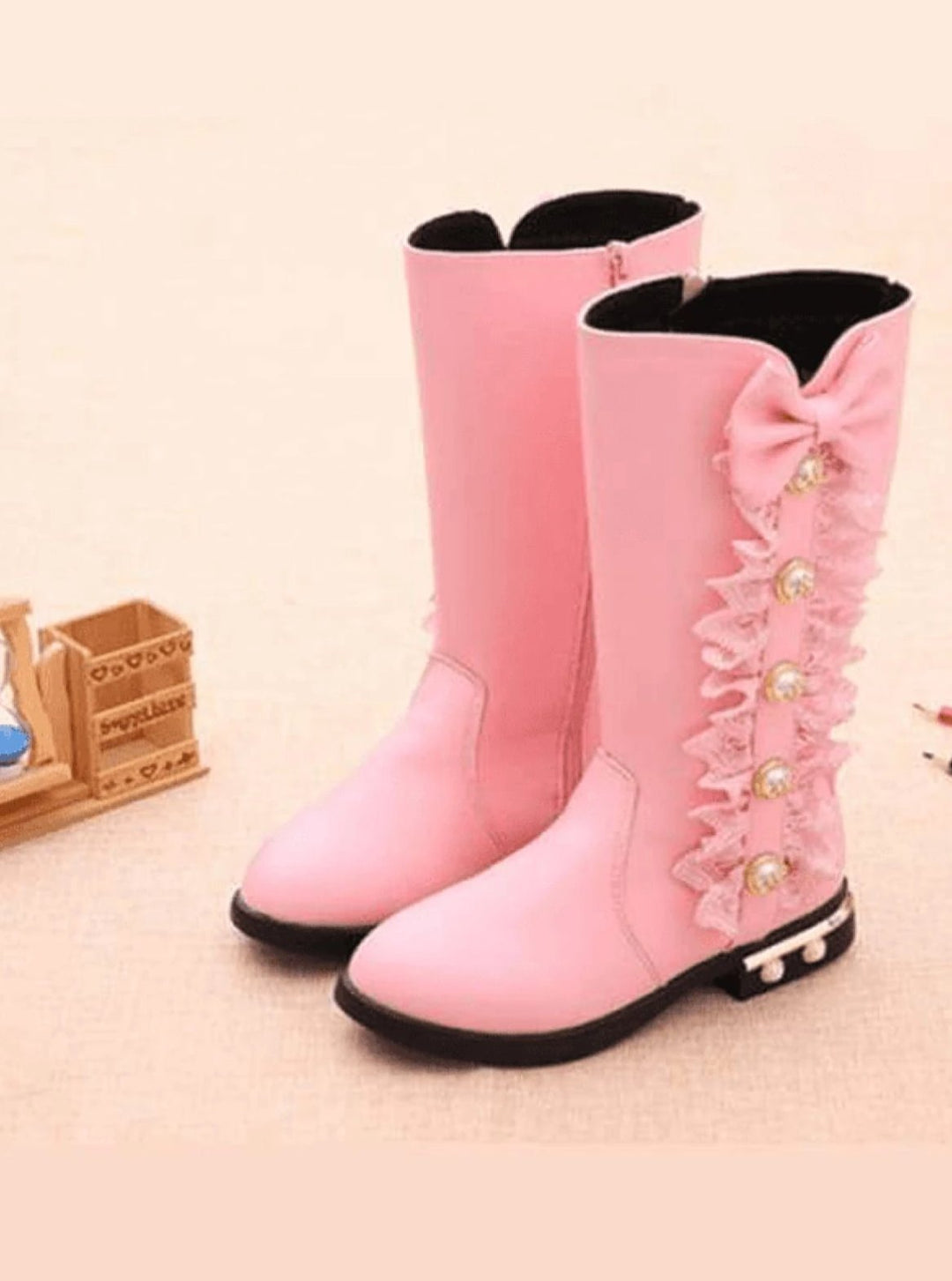Girls Lacey Bow Tie Princess Mid-Calf Boots ( 3 Color Options) - Pink / 10 - Girls Boots