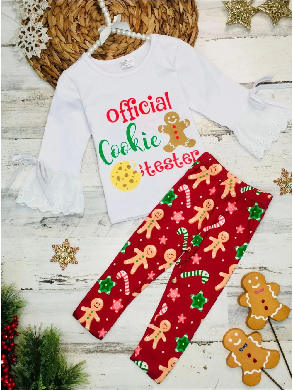 Girls Long Lace Bell Sleeve Official Cookie Tester Top & Gingerbread Print Leggings Set - Burgundy / 2T - Girls Fall Casual Set