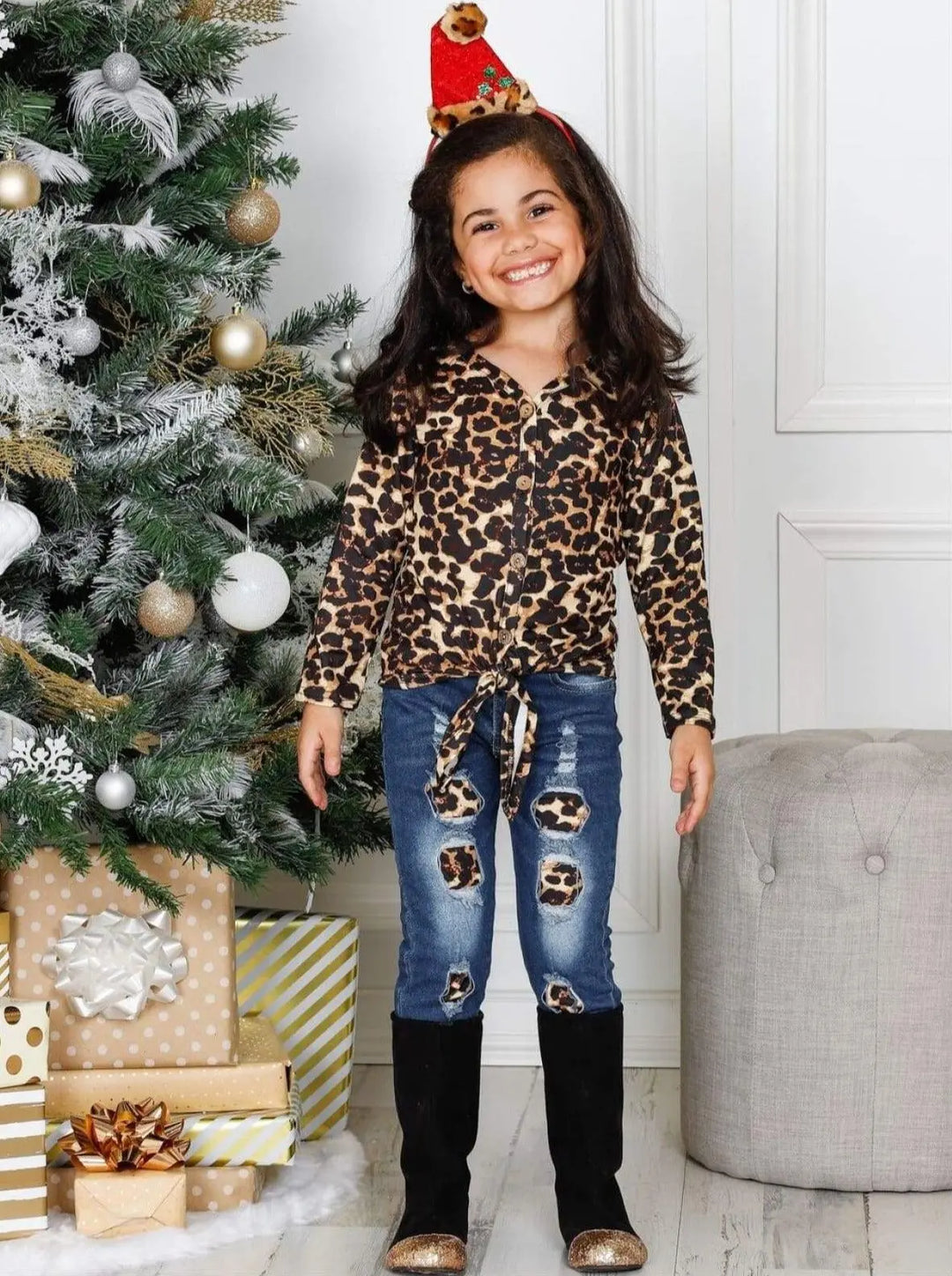 Cute Outfits For Girls | Leopard Print Knot Hem Top & Patched Jeans Set