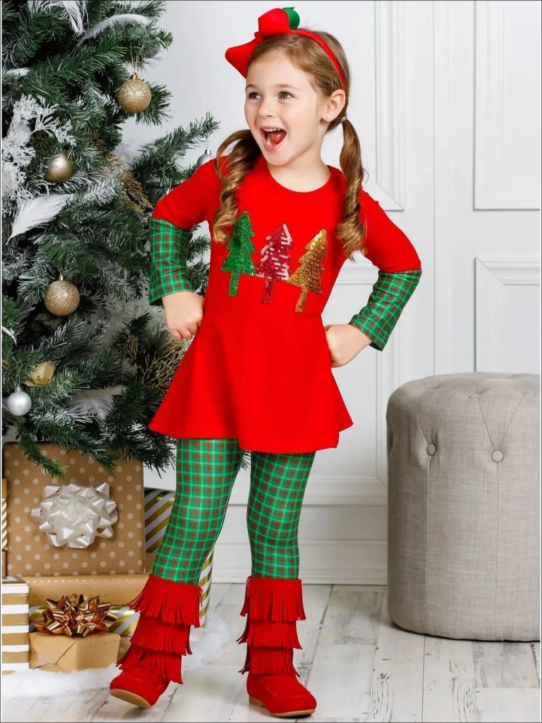 Girls Long Sleeve Cuffed Tunic & Matching Printed Leggings Set - Girls Fall Casual Set