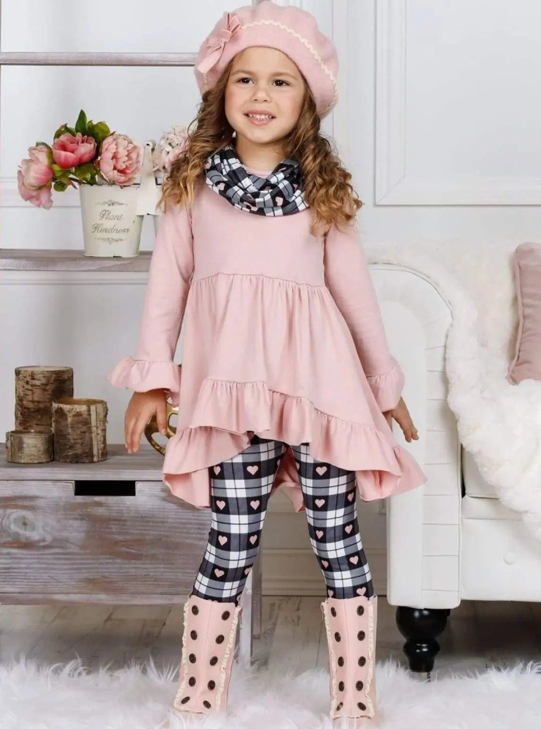 Valentine's Outfits | Girls Hi-Lo Ruffle Tunic, Scarf & Legging Set