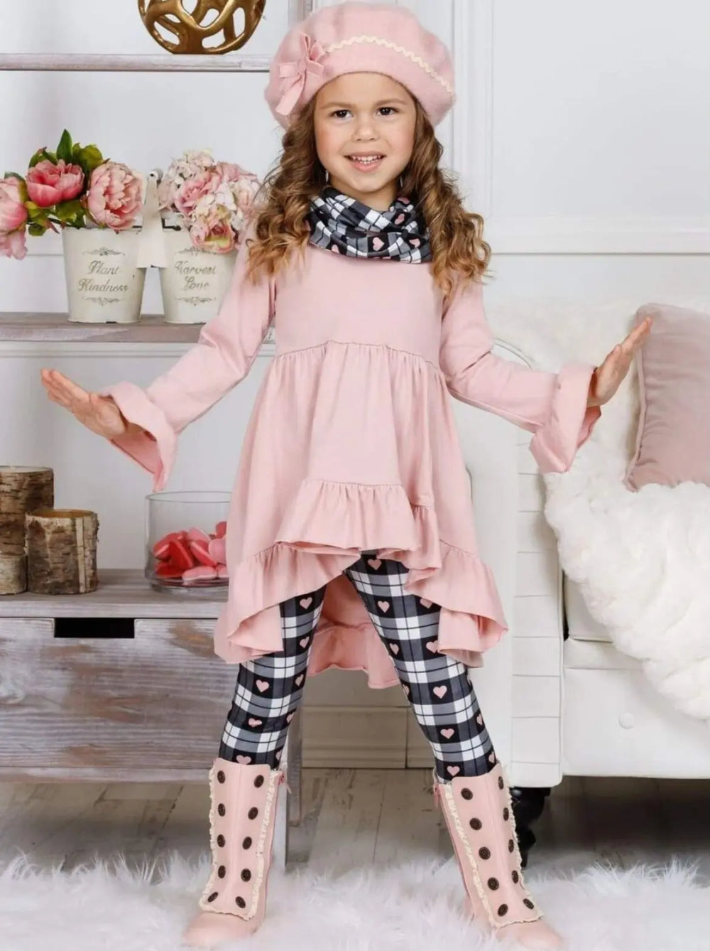 Valentine's Outfits | Girls Hi-Lo Ruffle Tunic, Scarf & Legging Set