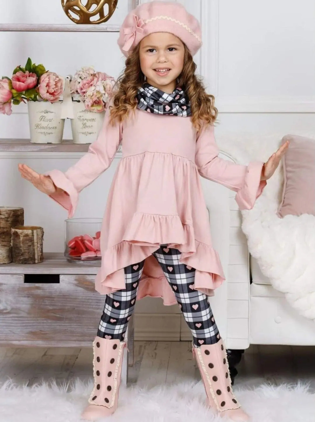 Valentine's Outfits | Girls Hi-Lo Ruffle Tunic, Scarf & Legging Set