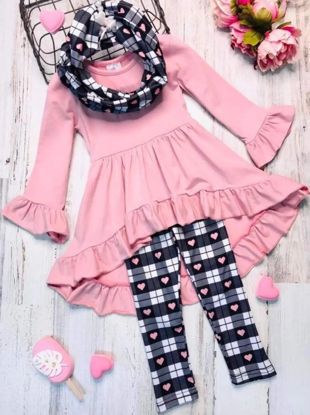 Valentine's Outfits | Girls Hi-Lo Ruffle Tunic, Scarf & Legging Set