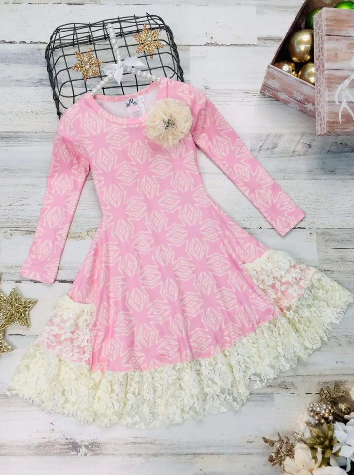 Special Occasion Dresses | Girls All Over Print Ruffle Lace Hem Dress
