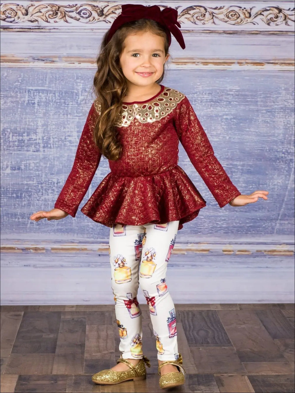 Girls Long Sleeve Peplum Bow Top & Matching Leggings Set - Girls Fall Dressy Set