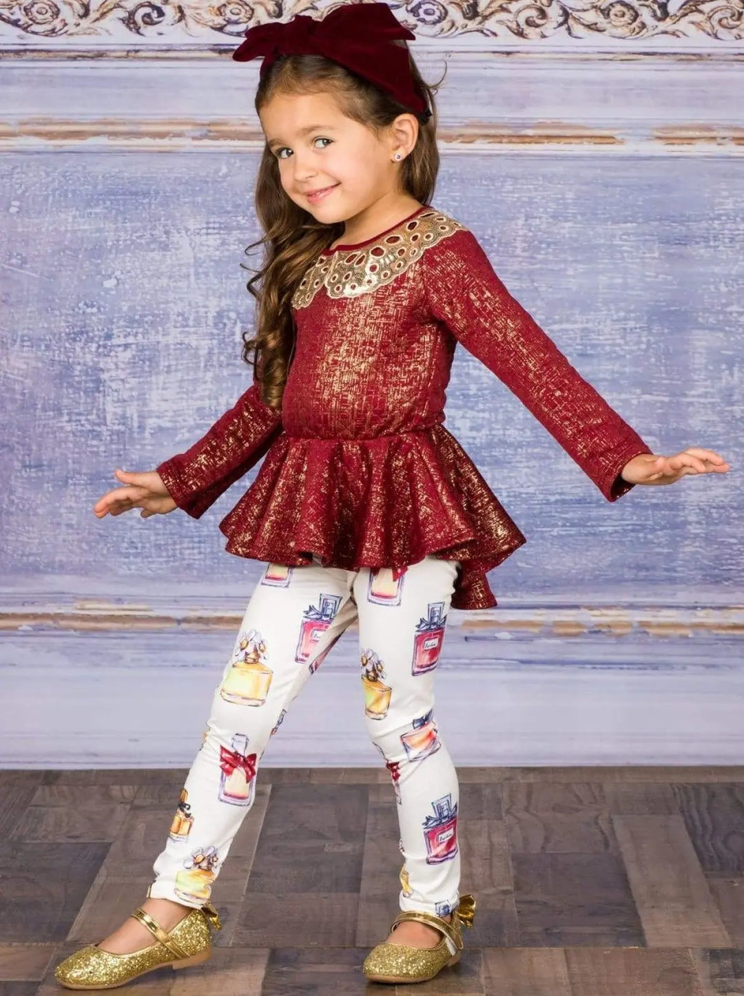 Girls Long Sleeve Peplum Bow Top & Matching Leggings Set - Girls Fall Dressy Set