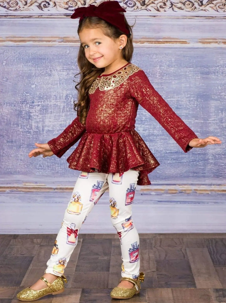 Girls Long Sleeve Peplum Bow Top & Matching Leggings Set - Girls Fall Dressy Set