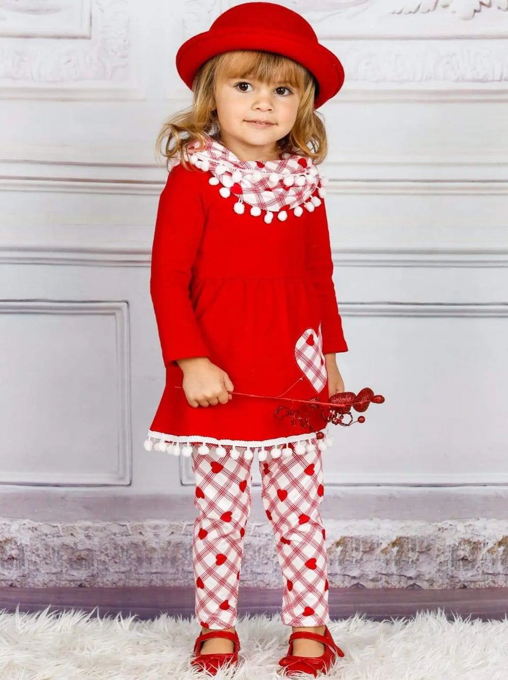 Girls Valentine's Day Outfit | Plaid Heart Tunic, Scarf & Legging Set