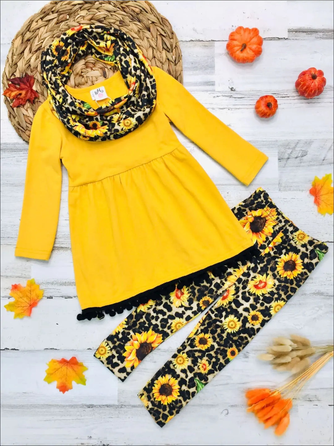 Little girls fall long-sleeve tunic with pom-pom tassel hem, leopard/floral print leggings, and a matching infinity wrap scarf - Mia Belle Girls