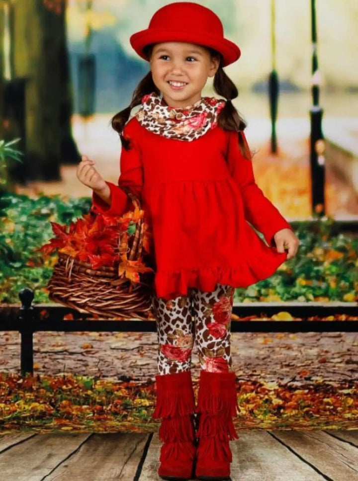 Girls Long Sleeve Ruffled Tunic Animal Floral Print Leggings & Scarf Set - Girls Fall Casual Set