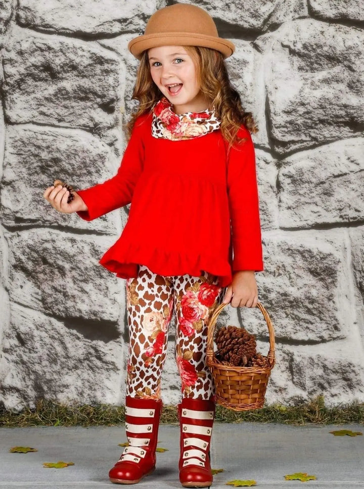 Girls Long Sleeve Ruffled Tunic Animal Floral Print Leggings & Scarf Set - Girls Fall Casual Set