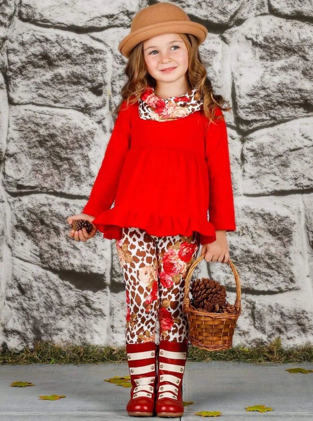 Girls Long Sleeve Ruffled Tunic Animal Floral Print Leggings & Scarf Set - Girls Fall Casual Set