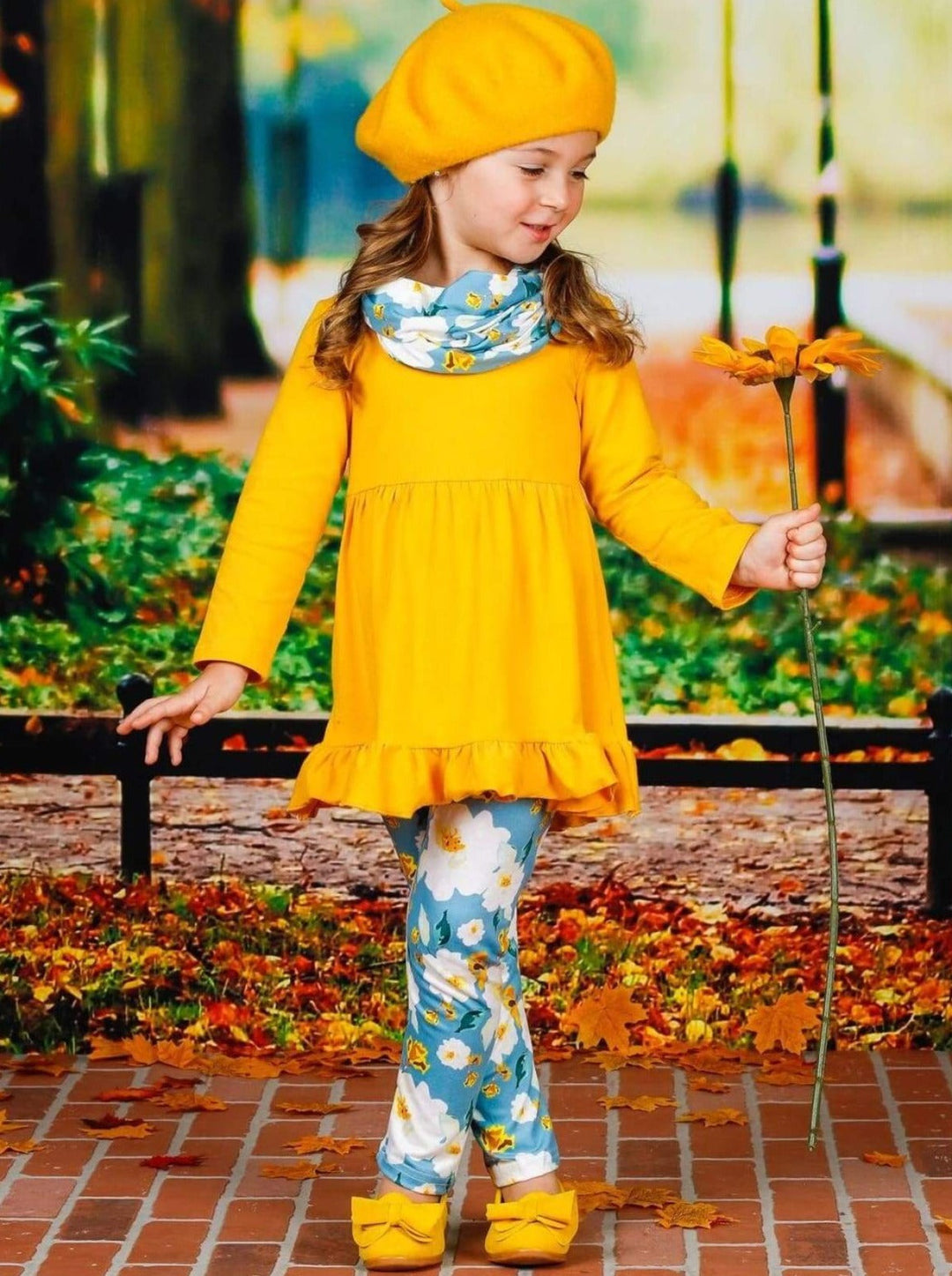Girls Long Sleeve Ruffled Tunic Floral Leggings & Scarf Set - Girls Fall Casual Set