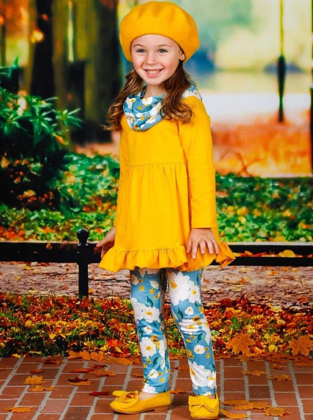 Girls Long Sleeve Ruffled Tunic Floral Leggings & Scarf Set - Girls Fall Casual Set
