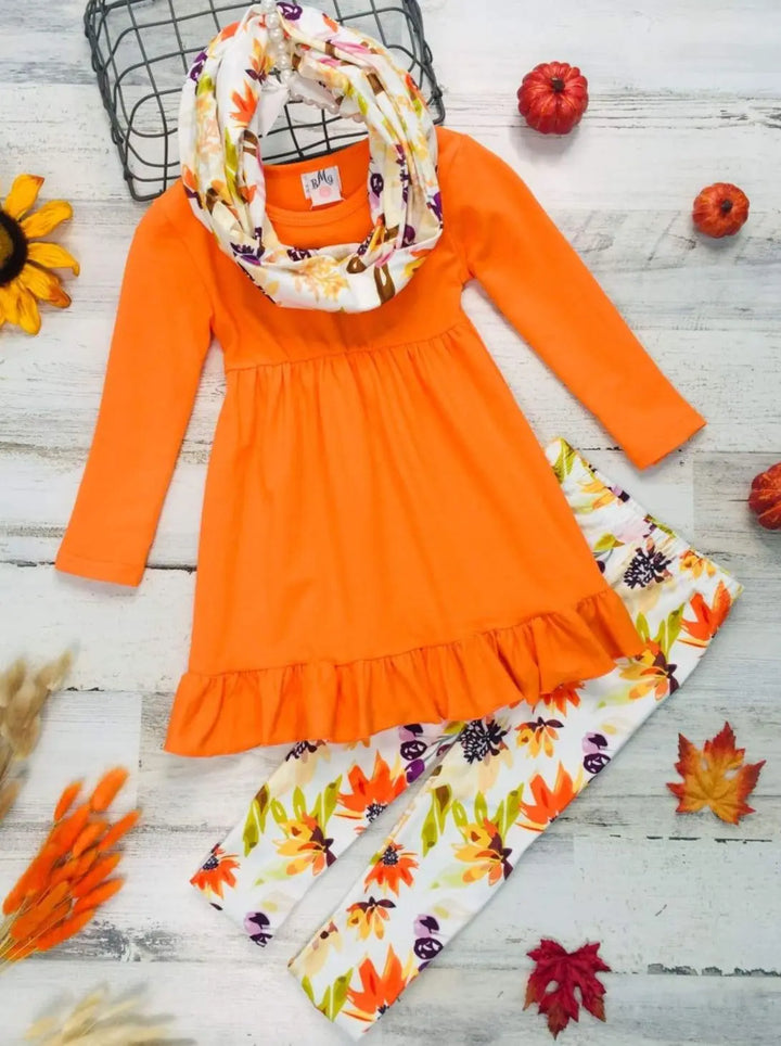 Mia Belle Girls Fall Floral Tunic, Legging & Scarf Set | Girls Sets