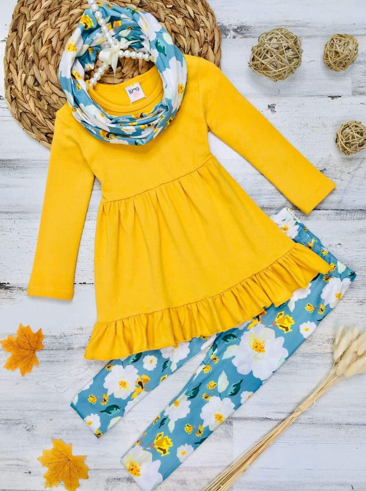 Girls Long Sleeve Ruffled Tunic Floral Leggings & Scarf Set - Yellow / 3T - Girls Fall Casual Set