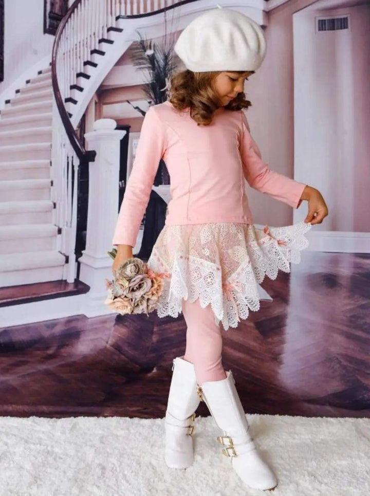 Winter Dressy Sets | Girls Pink Top & Crochet Skirt Legging Set