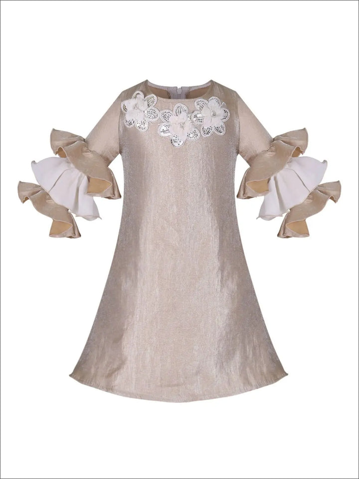 Girls Long Tiered Ruffled Sleeve Dress with Floral Trim - Gold / 2T-3T - Girls Fall Dressy Dress