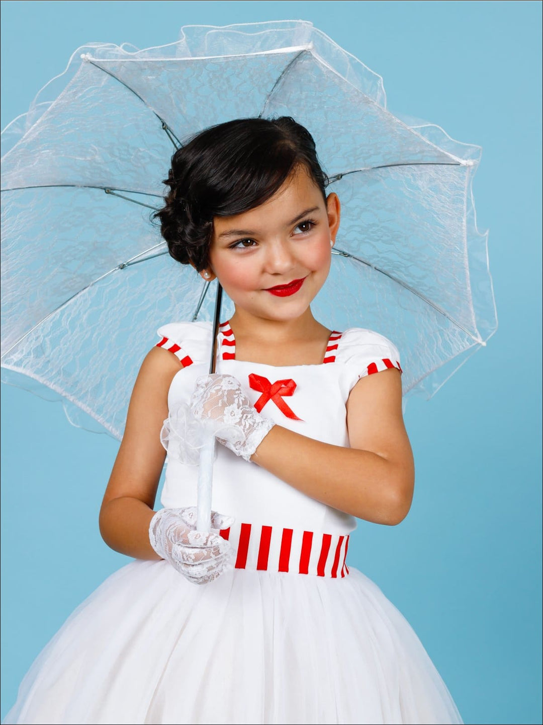 Girls Mary Poppins Inspired Striped Halloween Costume with Lace Gloves - Girls Halloween Costume