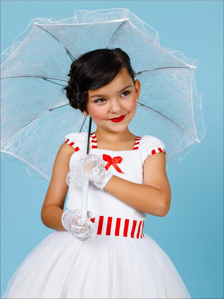 Girls Mary Poppins Inspired Striped Halloween Costume with Lace Gloves - Girls Halloween Costume