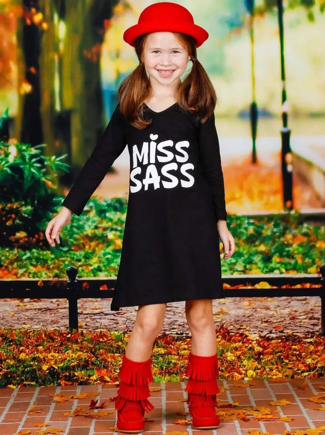 Girls "Miss Sass" Long Sleeve V-Neck Graphic Statement Dress