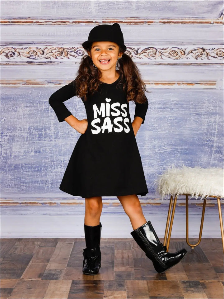 Girls Miss Sass Long Sleeve V-Neck Graphic Statement Dress - Girls Fall Casual Dress