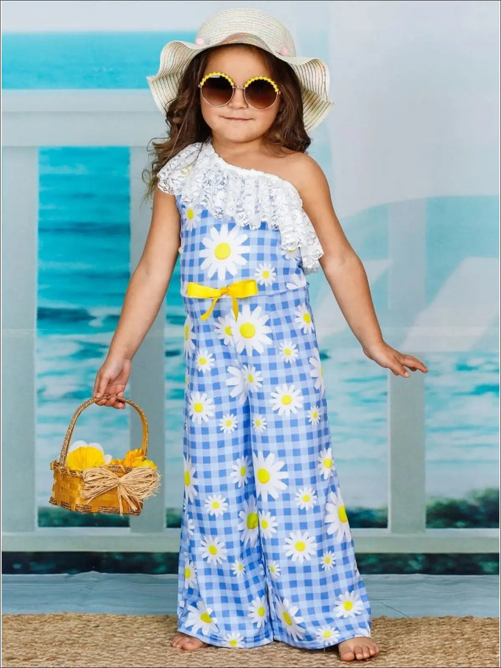 Toddler Spring Outfits | Girls Lace Bib One Shoulder Palazzo Jumpsuit