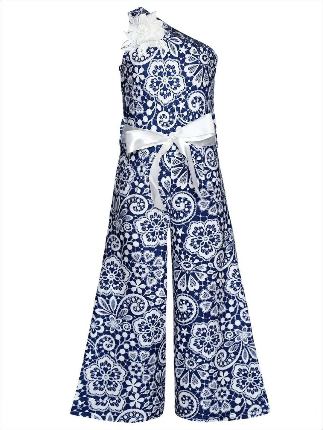 Girls One Shoulder Palazzo Jumpsuit with Flower Trim - Girls Jumpsuit