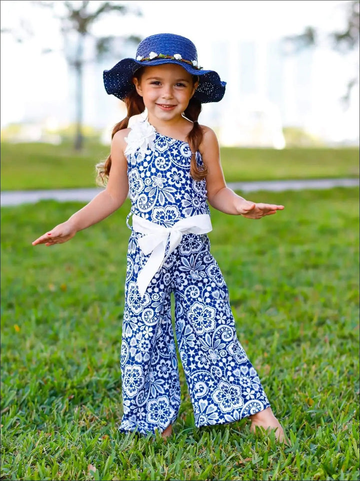 Girls One Shoulder Palazzo Jumpsuit with Flower Trim - Blue / 2T/3T - Girls Jumpsuit