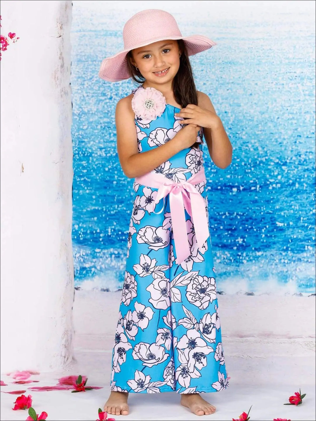 Girls One Shoulder Palazzo Jumpsuit with Flower Trim - Purple / 2T/3T - Girls Jumpsuit