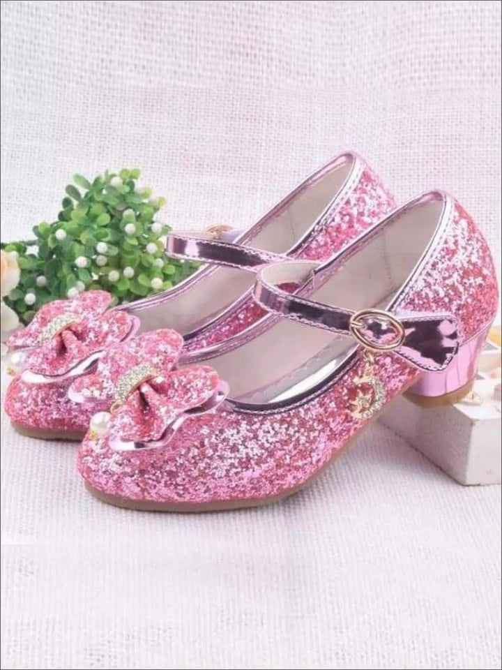 Girls Pearl Embellished Bow Tie Mary Jane Glitter Princess Shoes - Girls Flats