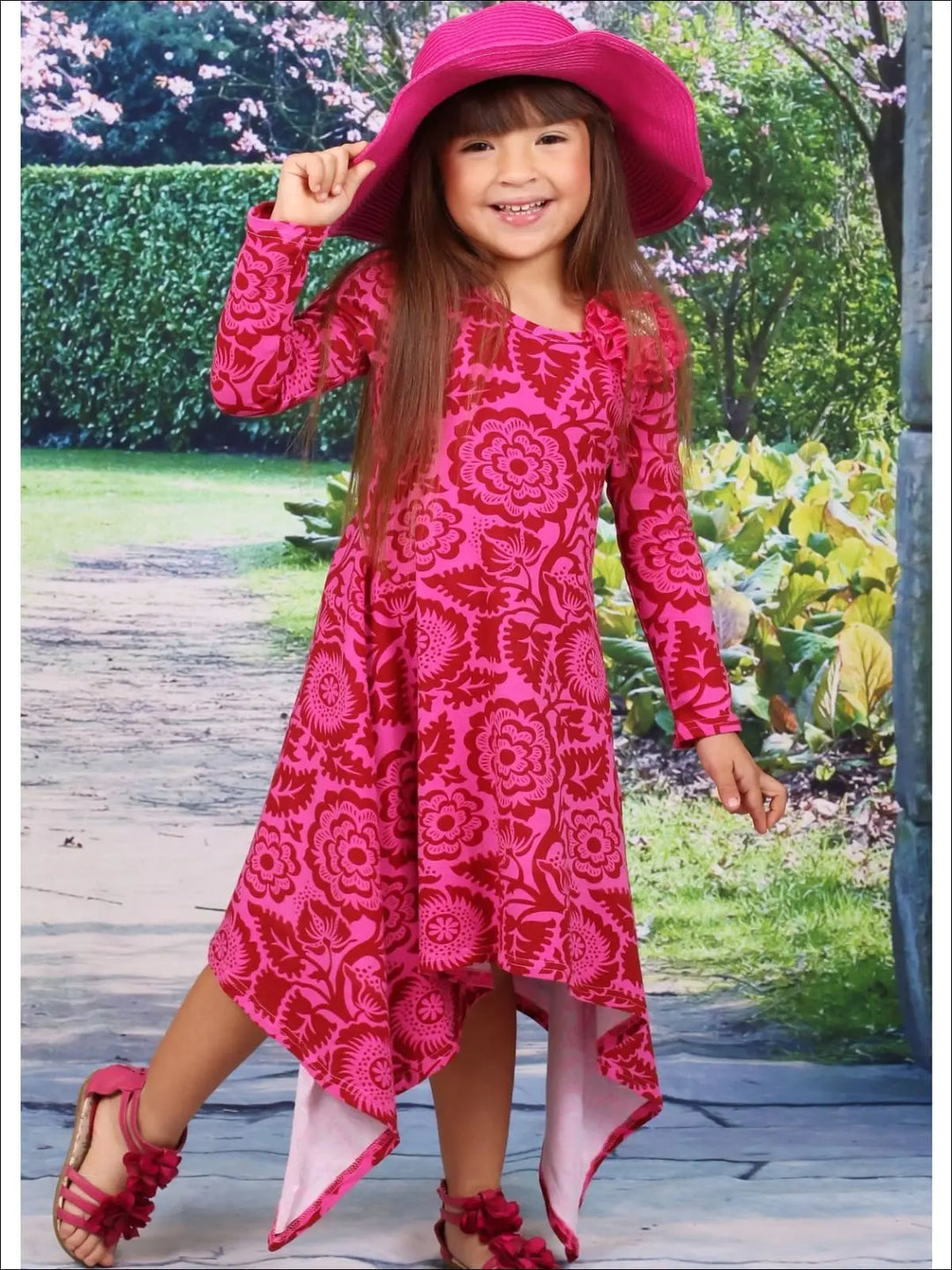 Girls Pink & Wine Medallion Print Sidetail Dress - Girls Fall Casual Dress