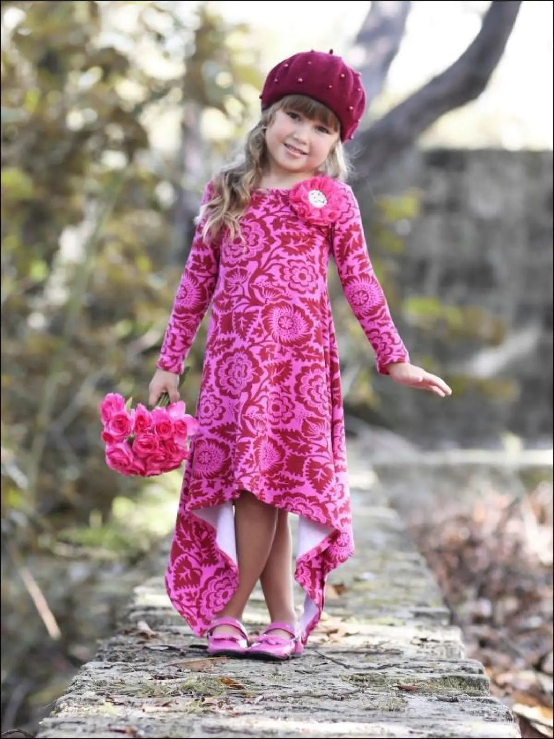 Girls Pink & Wine Medallion Print Sidetail Dress - Girls Fall Casual Dress