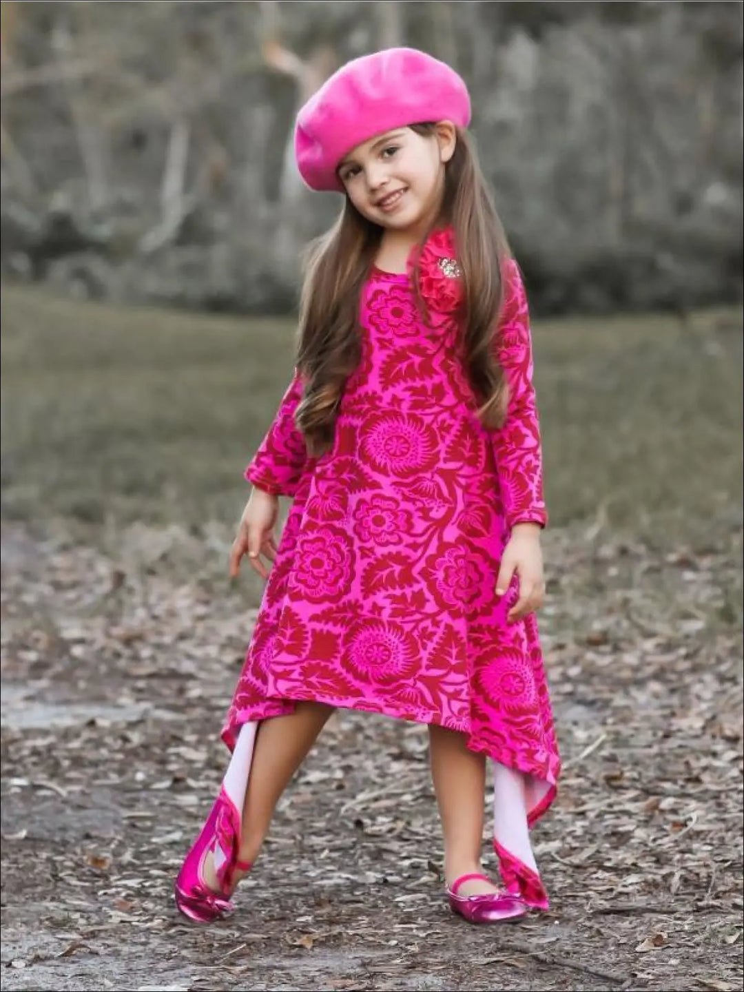 Girls Pink & Wine Medallion Print Sidetail Dress - Girls Fall Casual Dress