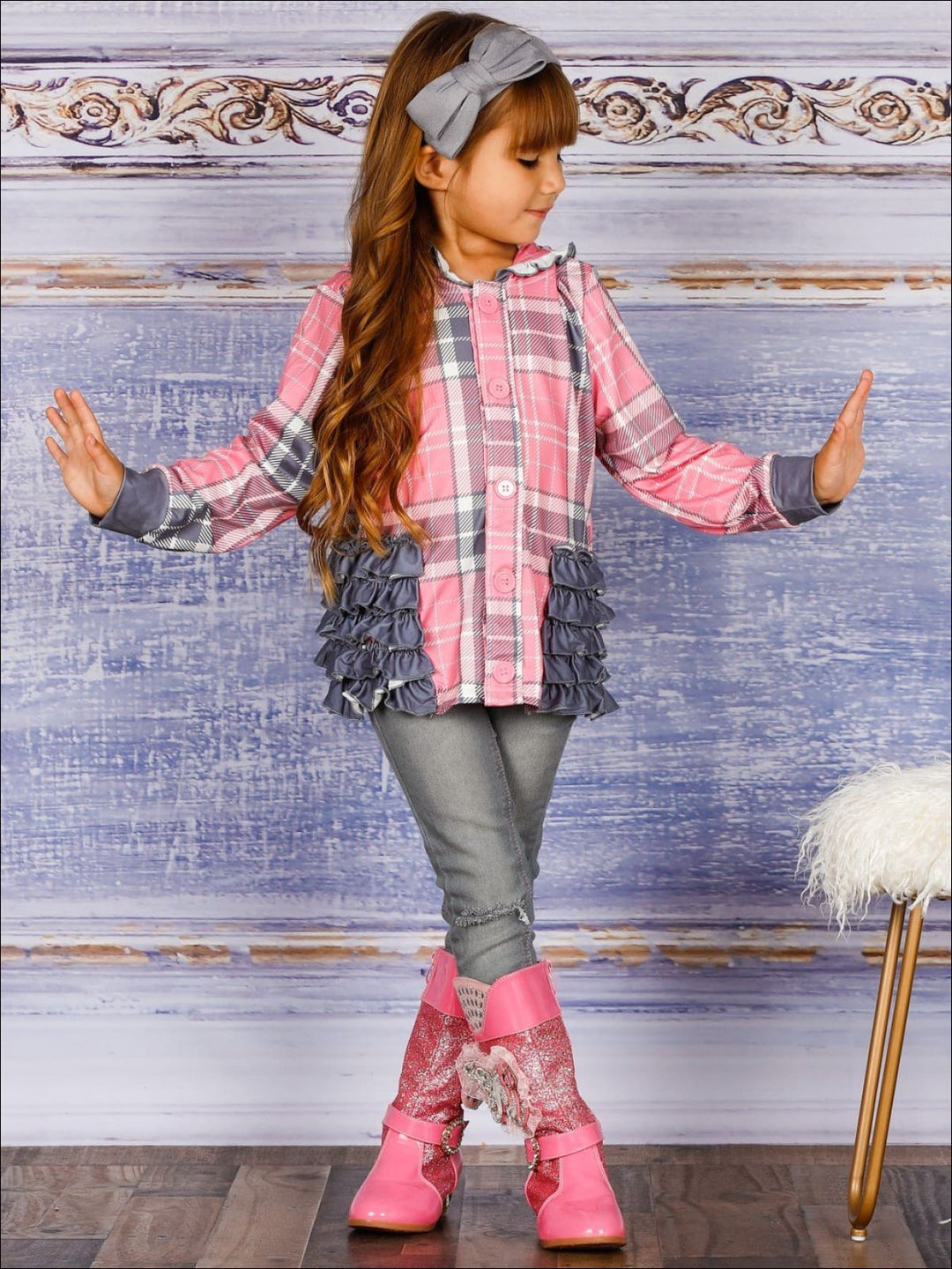 Girls Plaid Button Down Hooded Cardigan with Side Ruffles - Girls Sweater